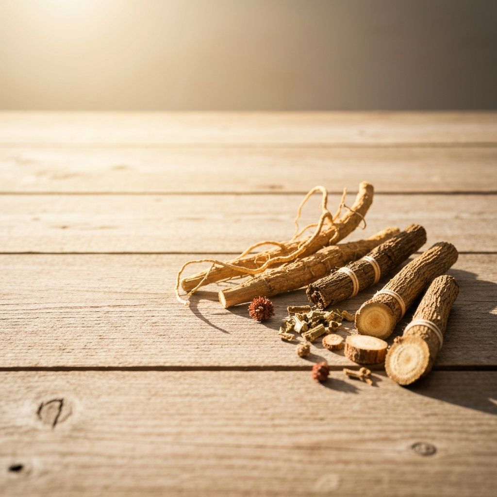 Dried roots and natural herbal arrangement on weathered wood
