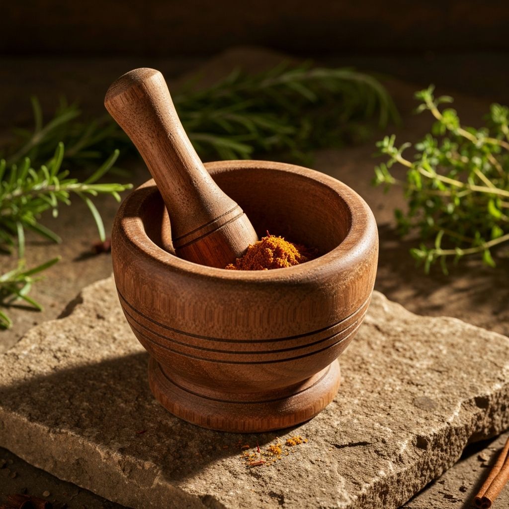 Traditional wooden mortar and pestle with dried root powder